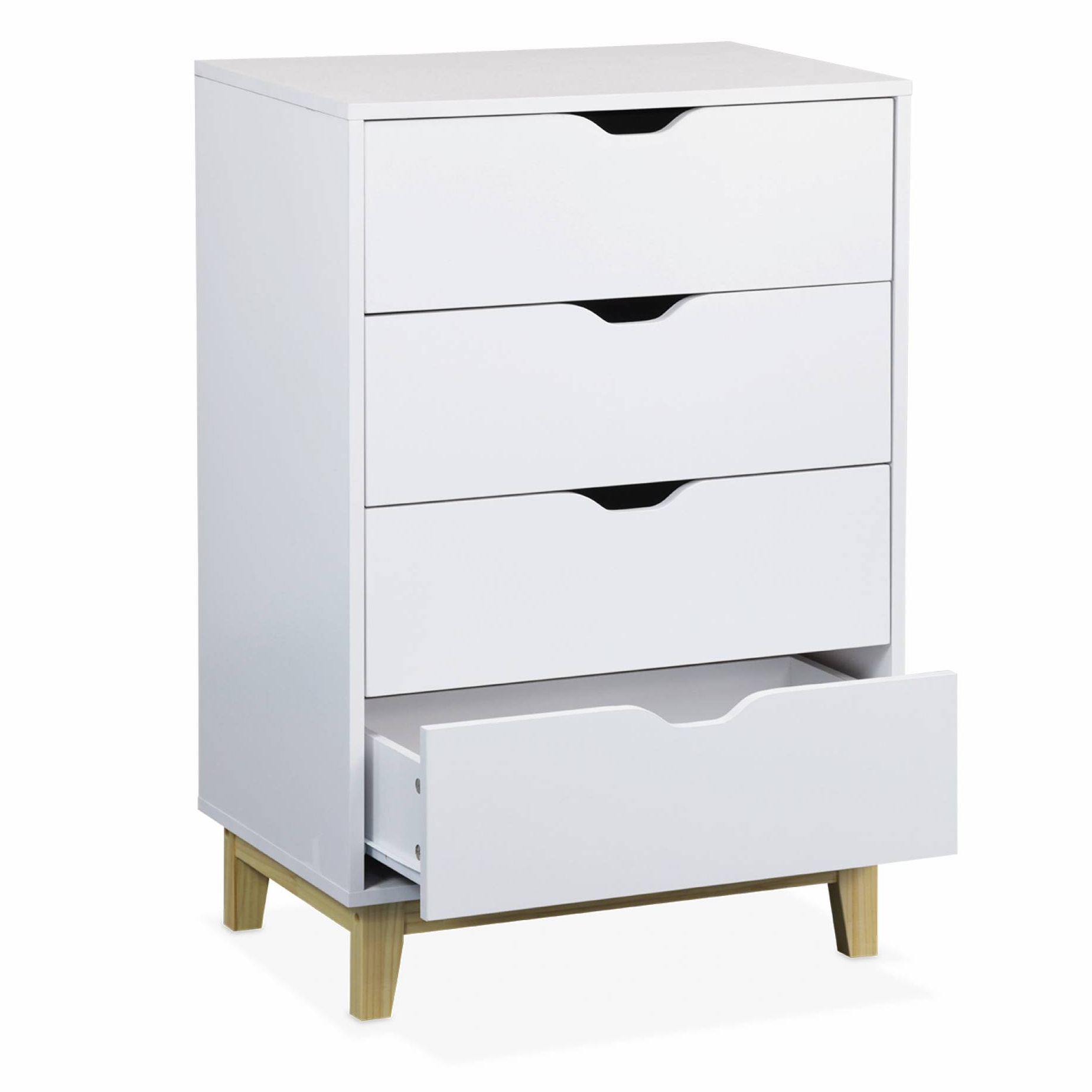 Commode blanche scandinave - Floki - chiffonnier avec pieds en bois de sapin. 4 tiroirs. 60x40x90cm