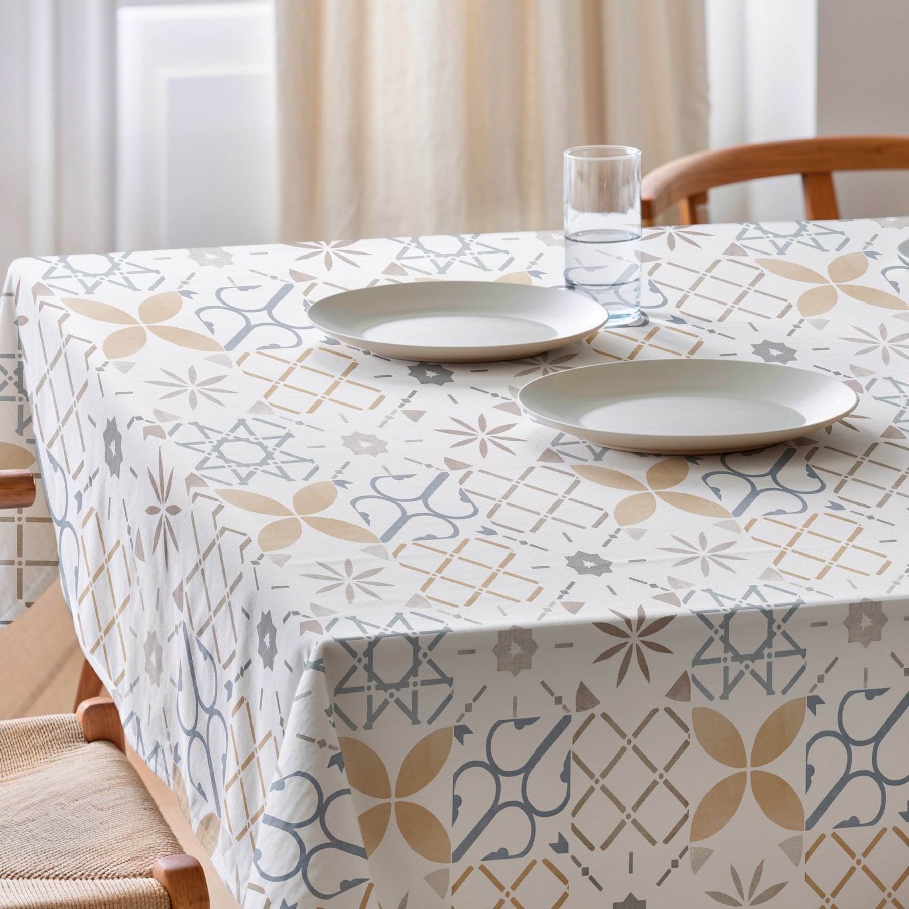 Mantel estampado antimanchas TILE OCRE-BLUE