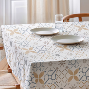Mantel estampado antimanchas TILE OCRE-BLUE