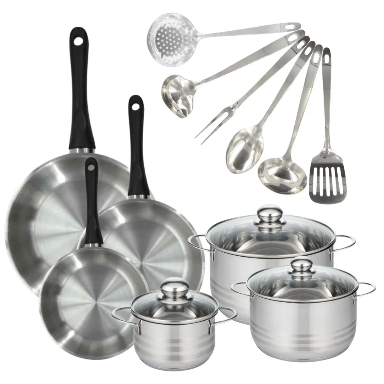 Batterie de cuisine avec 3 poêles 20/24/28 cm et 3 faitouts 16/20/24 cm avec 6 ustensiles de cuisine sans PFAS Fackelmann Généva Brillant Oxford