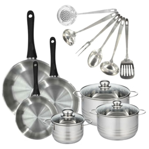 Batterie de cuisine avec 3 poêles 20/24/28 cm et 3 faitouts 16/20/24 cm avec 6 ustensiles de cuisine sans PFAS Fackelmann Généva Brillant Oxford
