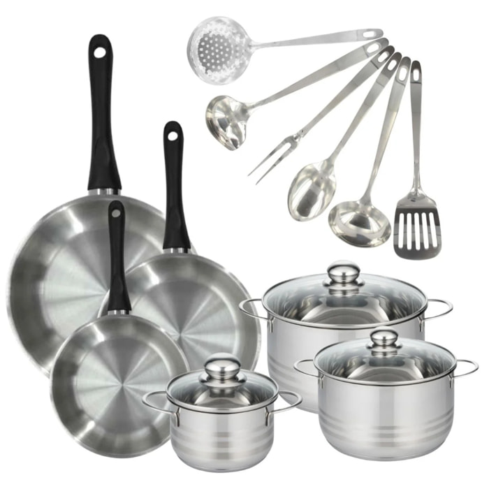 Batterie de cuisine avec 3 poêles 20/24/28 cm et 3 faitouts 16/20/24 cm avec 6 ustensiles de cuisine sans PFAS Fackelmann Généva Brillant Oxford