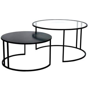 Tables basses gigognes rondes design verre trempé et métal noir TAHL (lot de 2)