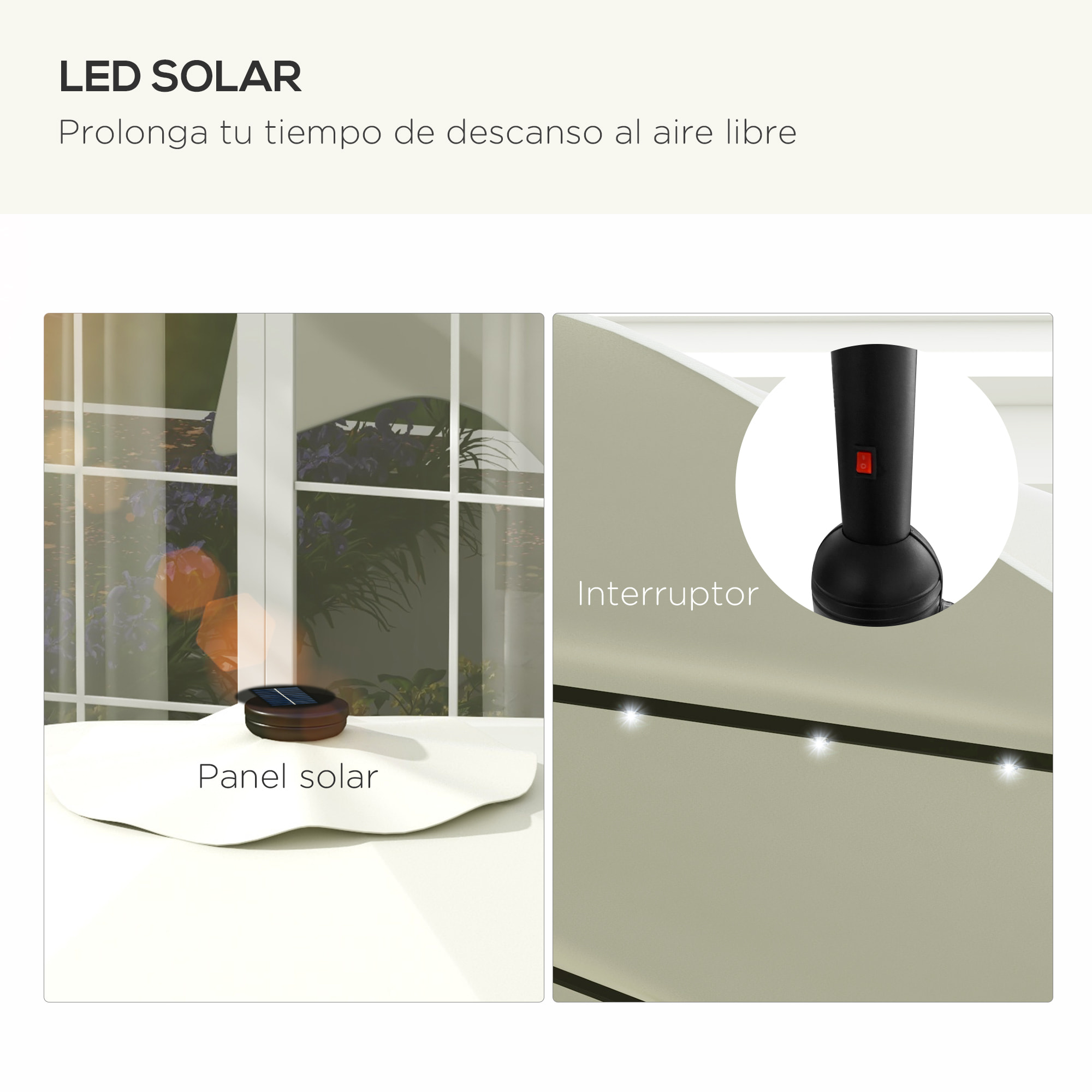 Sombrilla de Jardín Ø292x254 cm 32 Luces LED Solares Parasol de Terraza Manual Inclinable hasta 45° con 8 Varillas Impermeable y Rejillas de Ventilación para Patio Balcón Crema