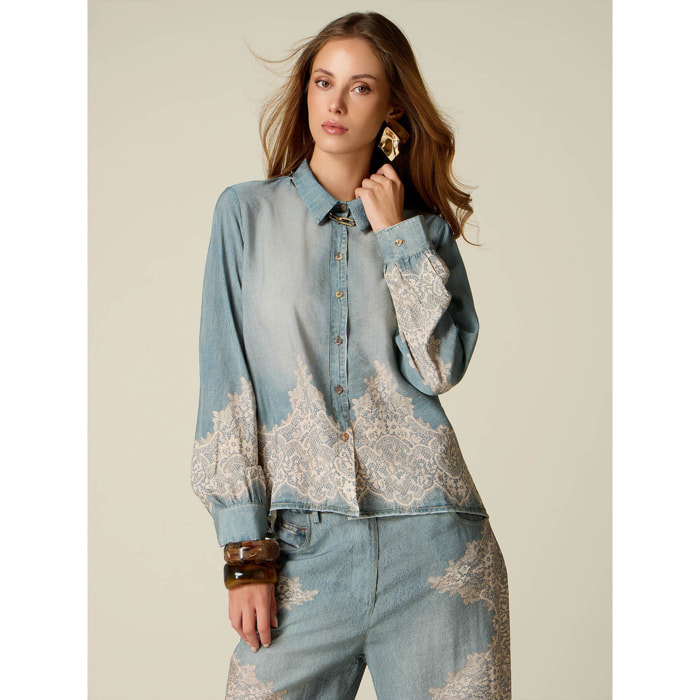 Oltre - Camicia effetto denim con pizzo - Azzurro