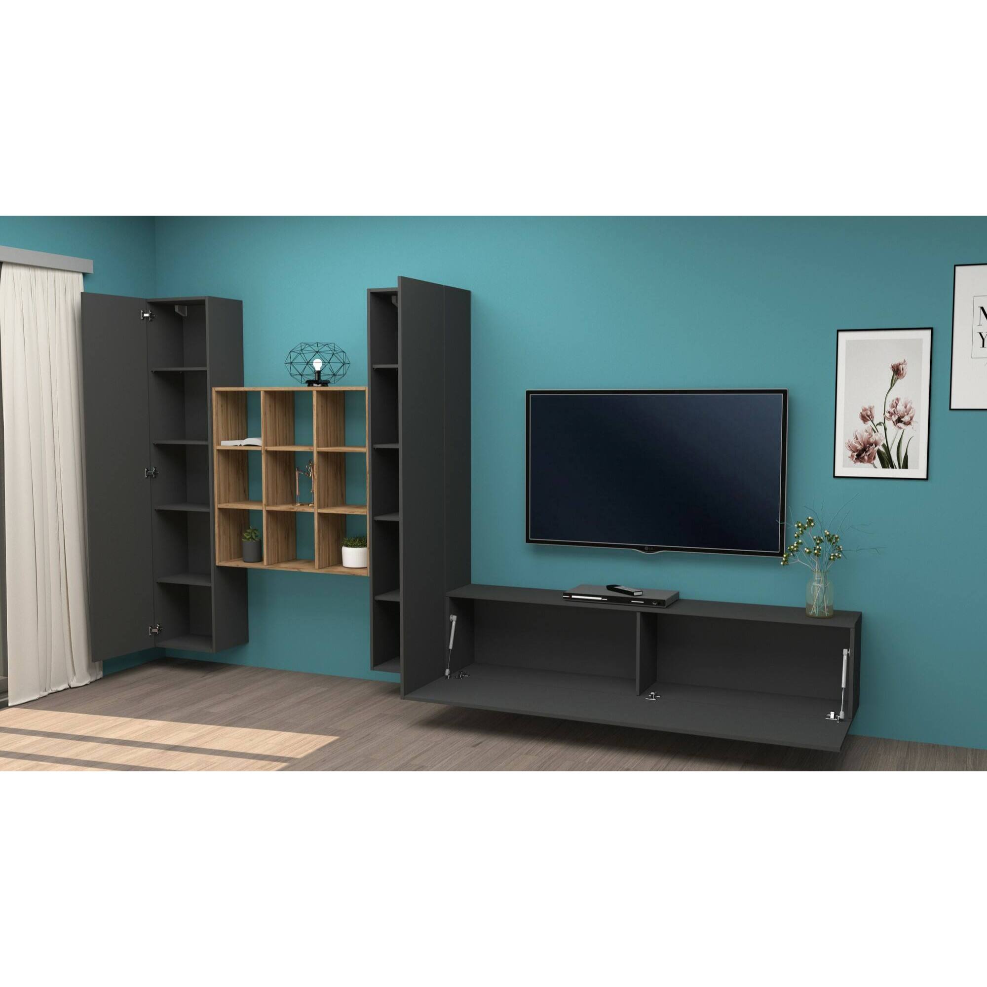 Parete attrezzata Denis, Set salotto porta TV a 3 ante, Mobile soggiorno multiuso, 100% Made in Italy, cm 270x30h180, Antracite e Acero