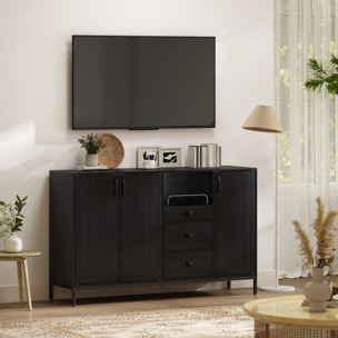 Aparador de 3 Puertas, Aparador de Salón con 3 Cajones, Estantes Ajustables, para Cocina, Entrada, Comedor, Dormitorio, Negro, 143,5x40x90 cm