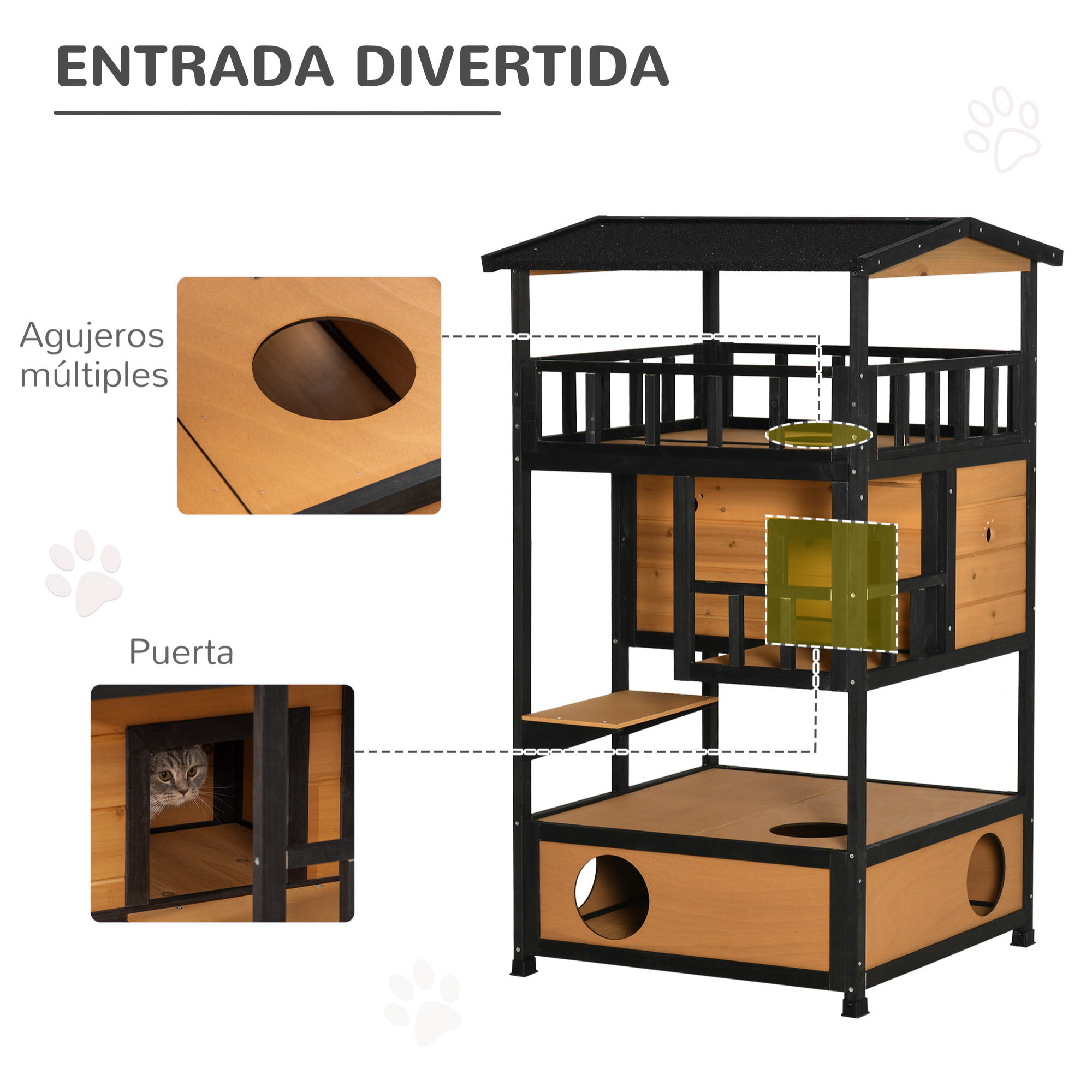 Casa para Gatos de Madera 75,5x75x137 cm Caseta para Gatos Refugio para Gatos con Techo Asfáltico y Plataformas para Interior y Exterior Natural