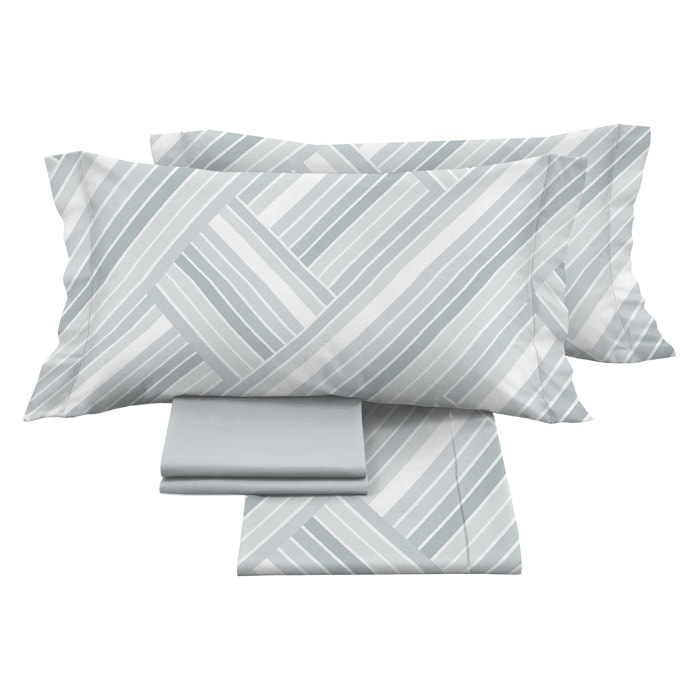 Completo letto stampato leonardo bianco e grigio in raso 100% cotone