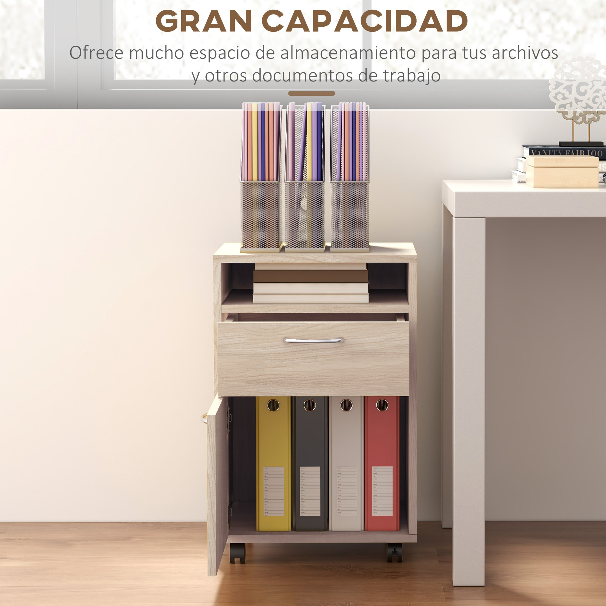 Cajonera de Escritorio con Ruedas, Cajonera de Oficina con Cajón, Compartimento, Puerta, Archivador Móvil para Estudio, Salón, 40x35x60 cm, Roble