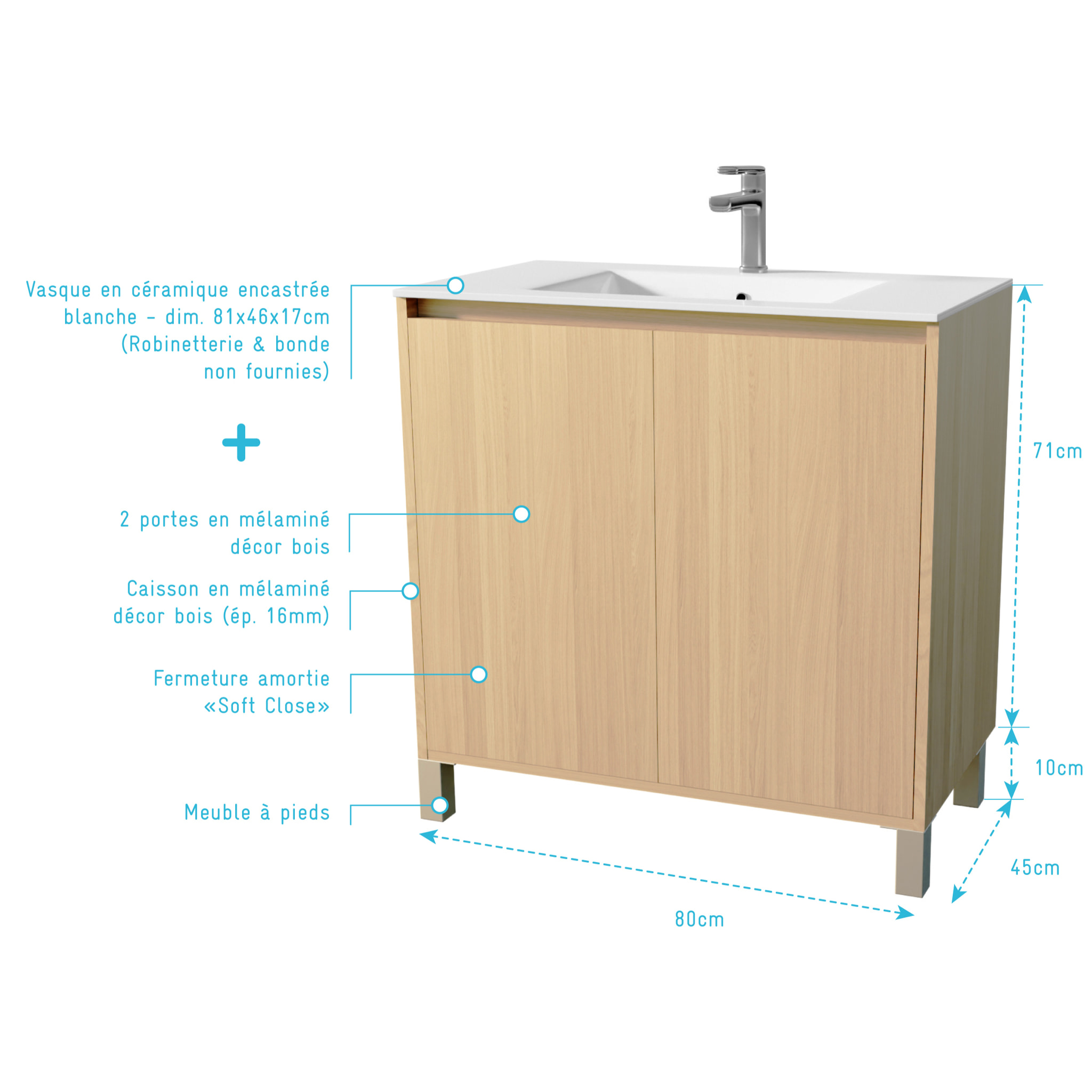 Pack Meuble Salle de Bains 80 cm Chêne Clair, 2 portes avec Vasque Céramique - XENOS