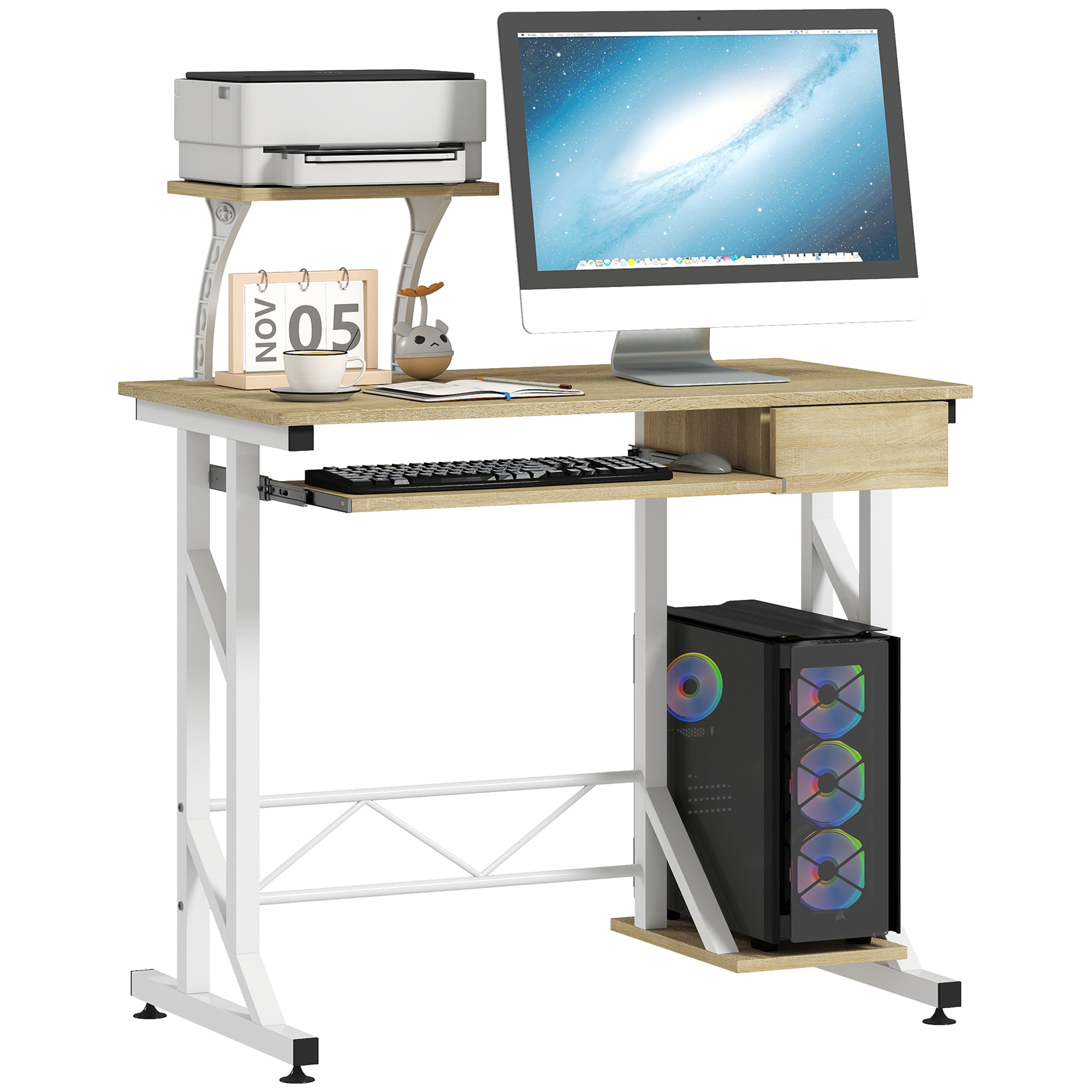 HOMCOM Mesa de Escritorio Mesa de Estudio con Bandeja de Teclado y Cajón Mesa de Ordenador para Despacho Oficina 90x50x100 cm Roble