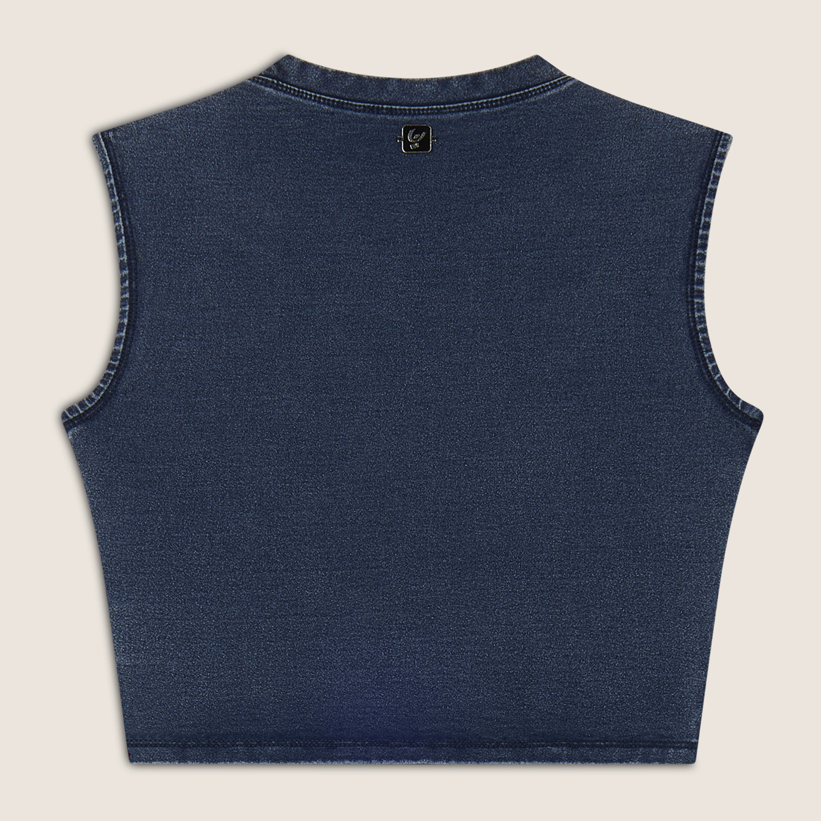 Top cropped effetto denim decorato sulle spalle