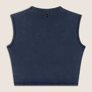 Top cropped effetto denim decorato sulle spalle