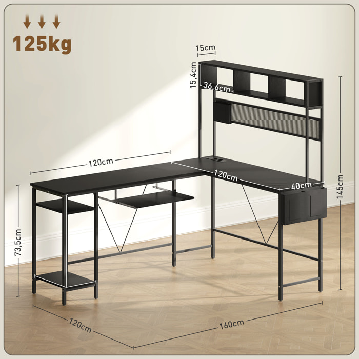 Bureau d'angle réversible design - multi-rangement - prise et port USB - métal effet bois noir