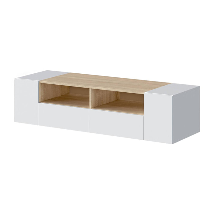 Mobile porta TV Topeka, Credenza per televisione da soggiorno, Supporto per TV moderno, Credenza bassa multiuso, cm 138x42h36, Bianco e Rovere