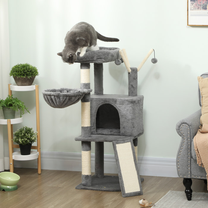 Arbre à chat multi-équipé niche hamac plateforme 3 boules griffoirs grattoir gris
