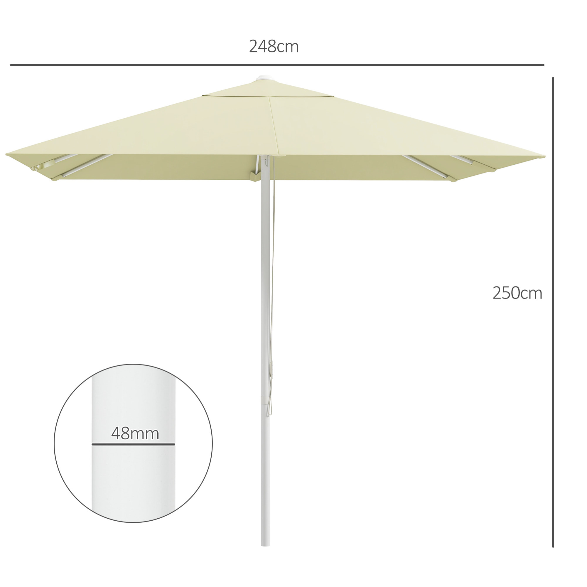 Parasol de jardin carré réglable dim. 2,48L x 2,48l x 2,50H m alu métal polyester haute densité 180 g/m² beige