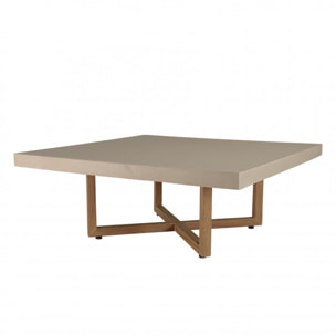 ERIS - Table basse carrée 107x107cm en béton beige pieds croisés en teck