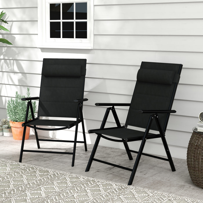 Conjunto de 2 Sillas de Camping Plegables Sillas de Jardín con Marco de Aluminio Reposacabezas y Reposabrazos Carga 130 kg para Terraza Playa 54x67x108 cm Negro