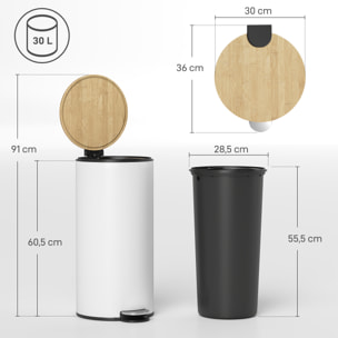 Cubo de Basura Cocina con Pedal, 30L, Papelera de Cocina Metálico con Tapa de Cierre Suave y Cubo Extraíble, para Dormitorio, Oficina, Estudio y Salón, 36x30x60,5 cm, Blanco y Madera Natural