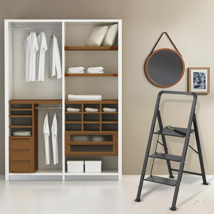 Escalera plegable con 3 escalones en Acero de color negro - Ligera y segura de 62x42,5x108cm