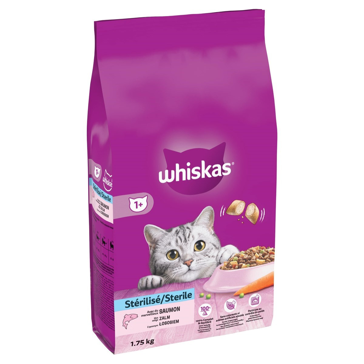 WHISKAS Croquettes au saumon pour chat adulte stérilisé 6x1,75kg