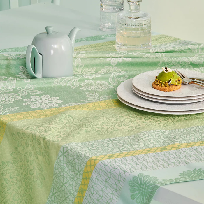 Nappe pur coton enduit motif jacquard vert Mille lace amande