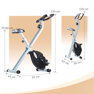 Vélo d'appartement pliant, vélo de fitness, vélo d'intérieur 8 niveaux de résistance magnétique, selle réglable, poignées, écran LCD multifonction, support tablette, acier blanc