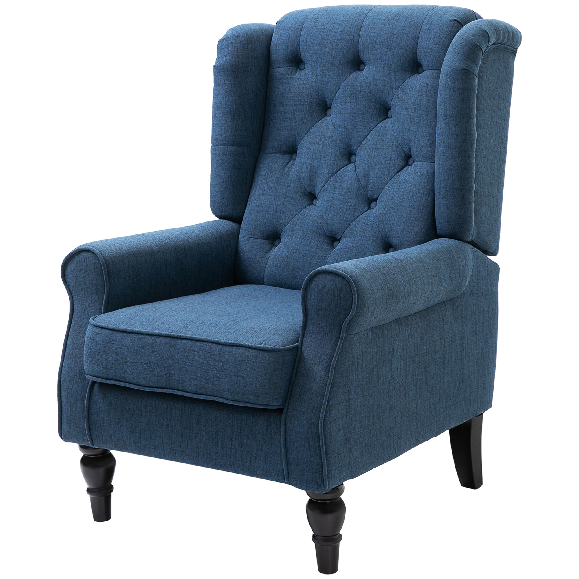 Fauteuil à oreilles style Chesterfield dossier capitonné grand confort bois noir tissu bleu