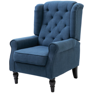 Fauteuil à oreilles style Chesterfield dossier capitonné grand confort bois noir tissu bleu