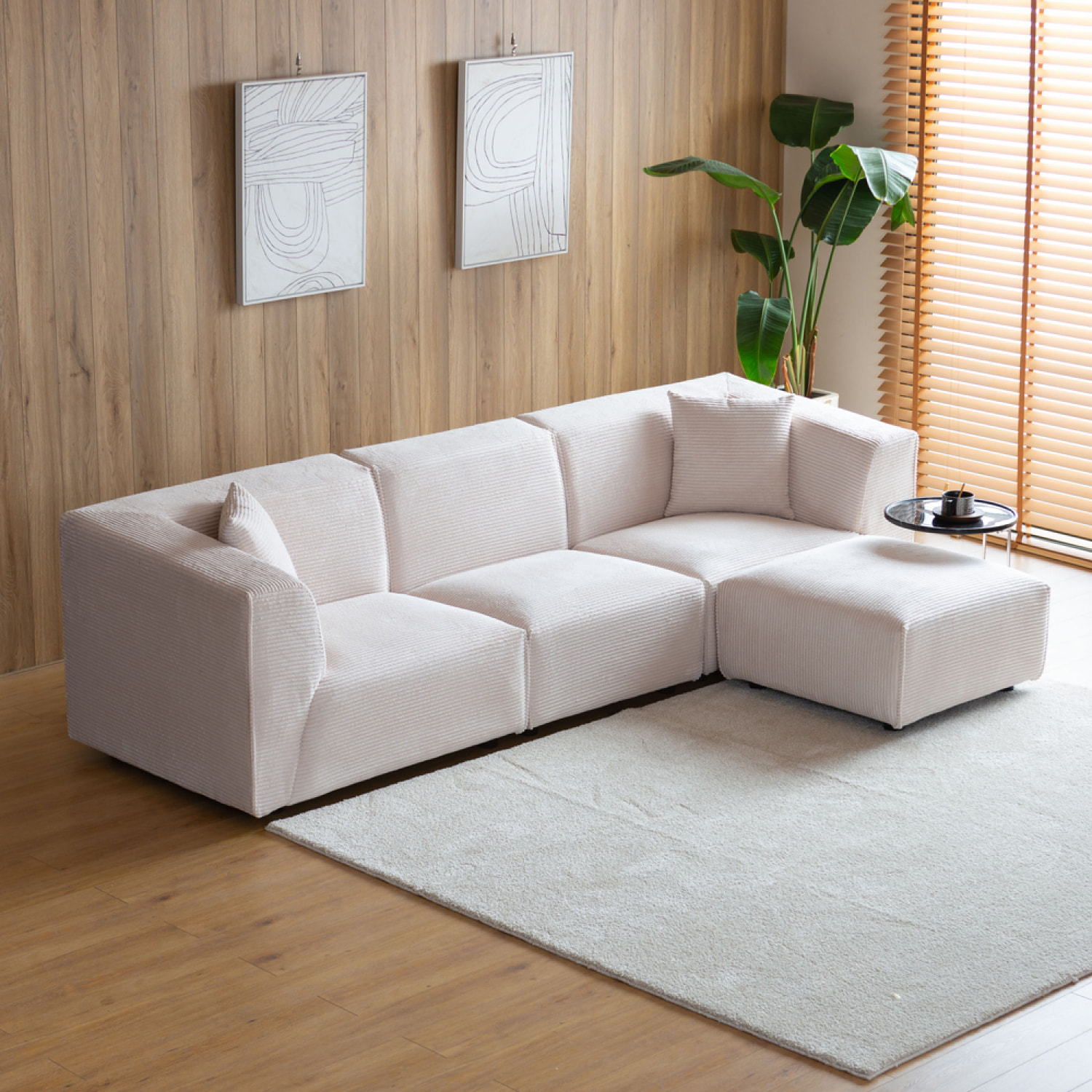 ROME Canapé 3 places + 1 pouf modulable velours côtelé beige