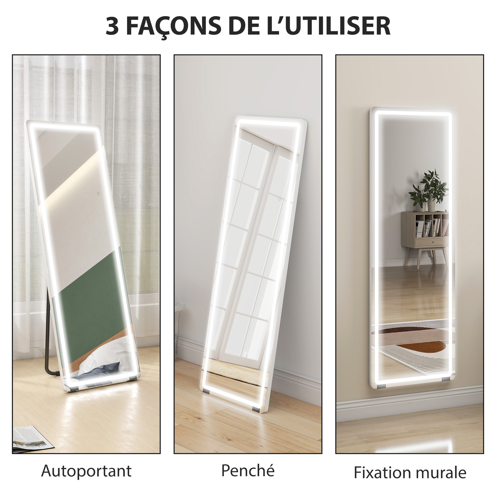 Miroir sur pied LED pleine longueur 150 x 50 cm 3 couleurs réglables