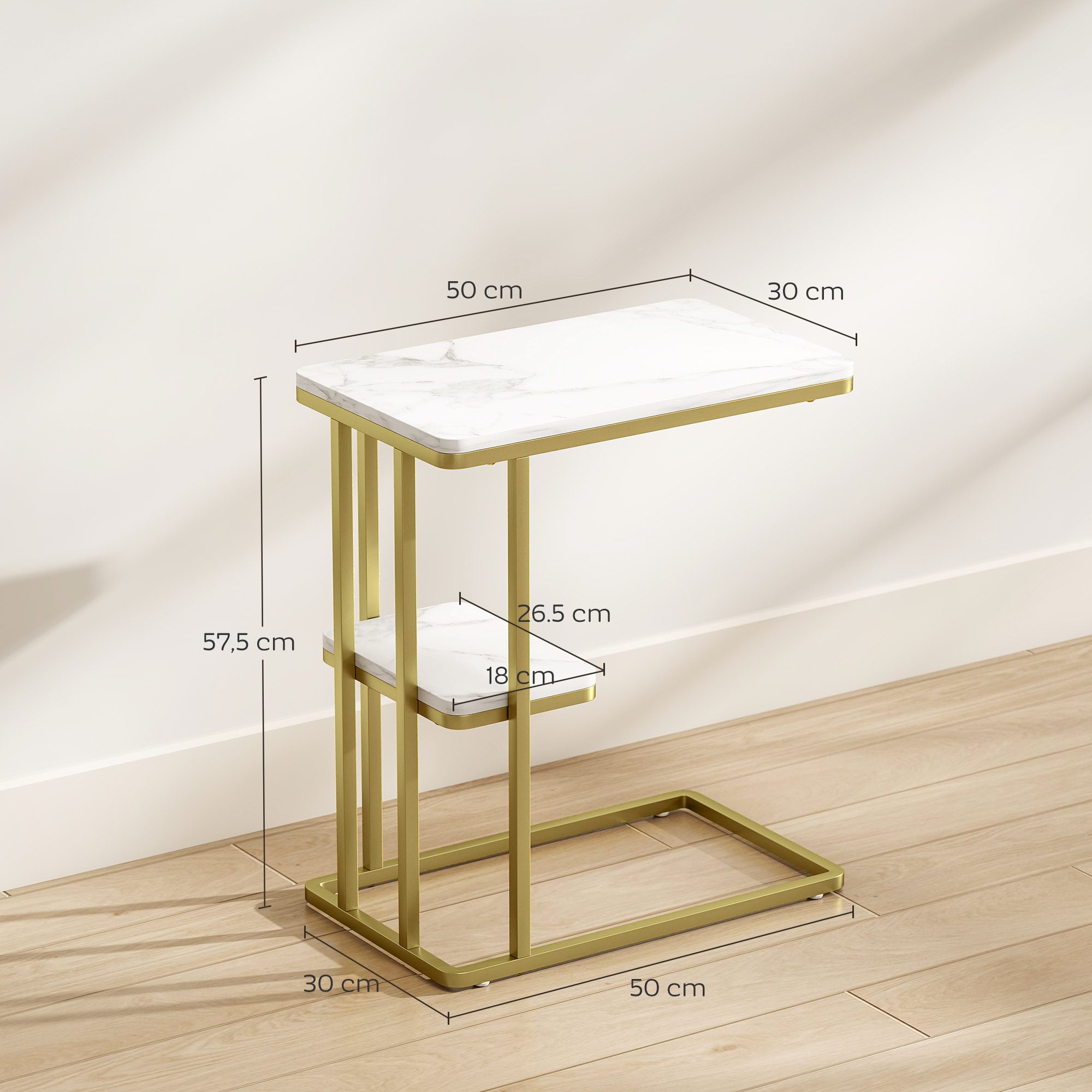 Mesa Auxiliar Estructura en C, Mesita Auxiliar Estrecha de 2 Niveles con Estante, Mesita de Noche Moderna Para Espacios Pequeños, Salón, Dormitorio, 50x30x57,5 cm, Blanco Efecto Mármol