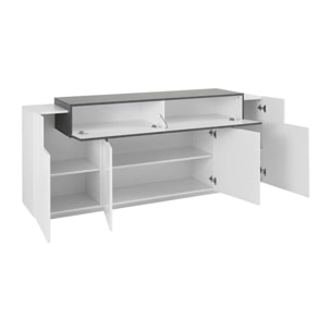 Credenza moderna a 5 ante, Made in Italy, Madia da cucina, Buffet di design da soggiorno, cm 200x45h86, colore Bianco lucido e Grigio Cenere