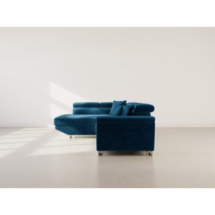 Baoji - Canapé d'angle gauche 5 places convertible avec têtières et coffre en velours côtelé - Bleu