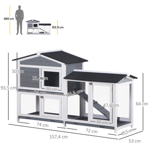 Conejera de Madera Exterior Jaula para Conejos de 2 Niveles con Techo Asfáltico 2 Corrales de Metal Bandeja Extraíble 2 Puertas y Rampa 157,4x53x93,5 cm Gris
