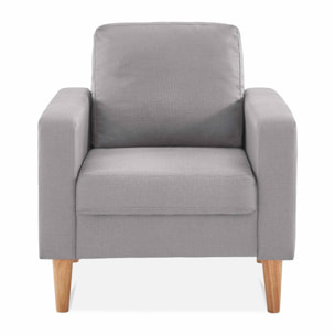 Fauteuil scandinave en tissu gris clair - Bjorn - Canapé 1 place fixe droit pieds bois