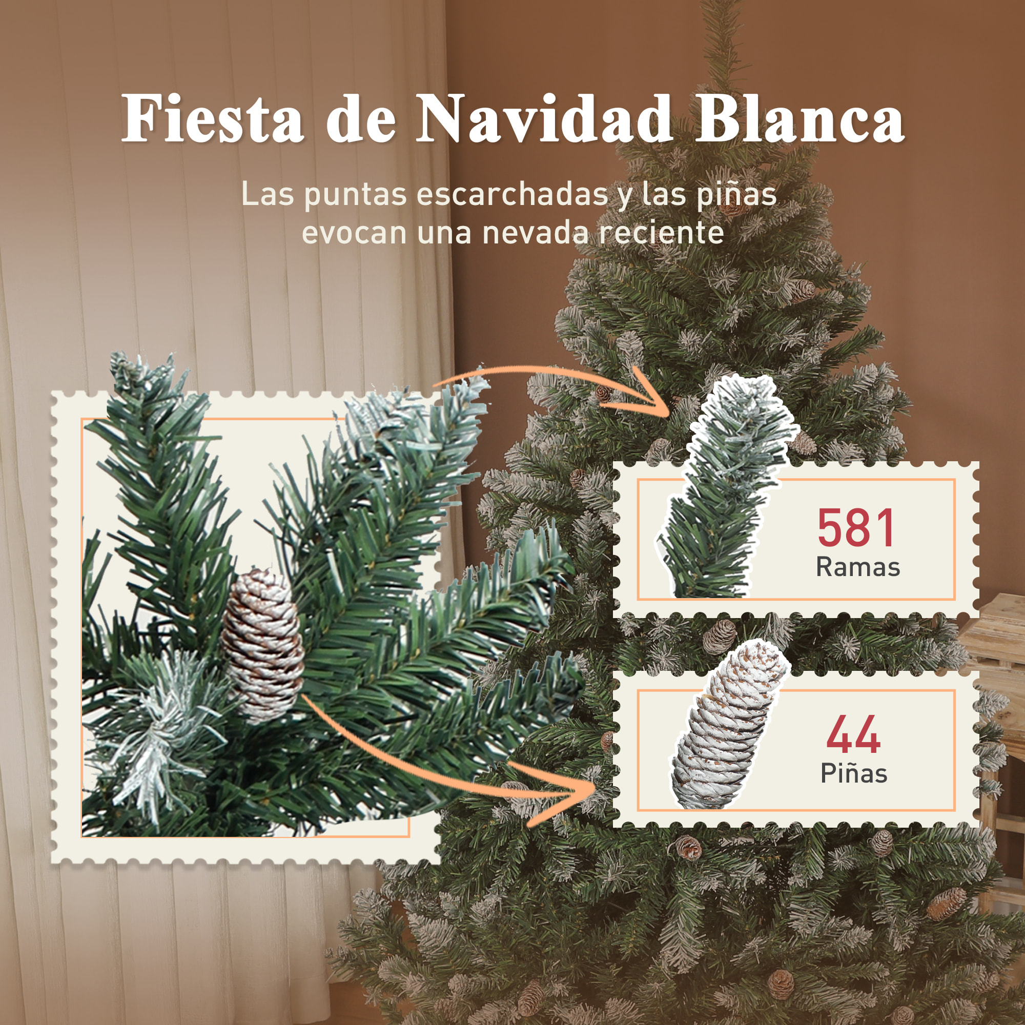 Árbol de Navidad Artificial 150 cm, Árbol de Navidad con 581 Ramas Densas con Nieve, 44 Piñas y Soporte Metálico Plegable, Fácil Montaje, para Salón, Interior, Verde