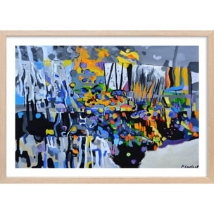 Affiche abstraite champs de bleuet Affiche + cadre en bois - Chêne