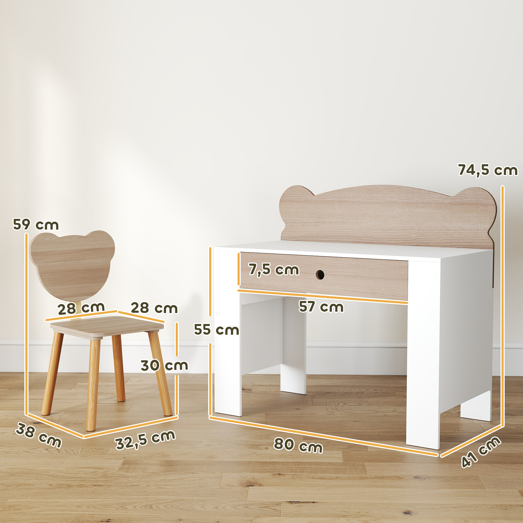 Ensemble bureau et chaise enfant design ourson - grand tiroir - blanc effet bois naturel