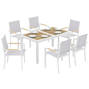 Conjunto de Mesa y Sillas Jardín de 7 Piezas, Muebles Jardín Exterior con Mesa de Plástico PSPC, 6 Sillas Apilables Transpirables, Marco de Acero Resistente a la Intemperie, Blanco