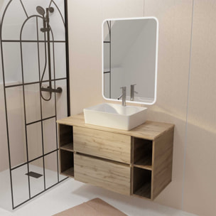 Meuble salle de bains 100 TIMBER Décor Chêne 2 Tiroirs Vasque Blanche Rectangulaire Miroir LED 60x80