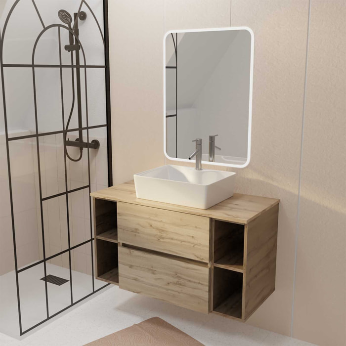 Meuble salle de bains 100 TIMBER Décor Chêne 2 Tiroirs Vasque Blanche Rectangulaire Miroir LED 60x80