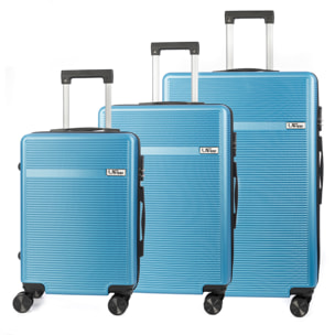 DAM Set di 3 valigie Trolley, in materiale leggero ABS ad alta resistenza. Serratura numerica e 4 ruote doppie rimovibili e rotanti a 360°. 50x29x76 Cm. Colore: Blu Denim