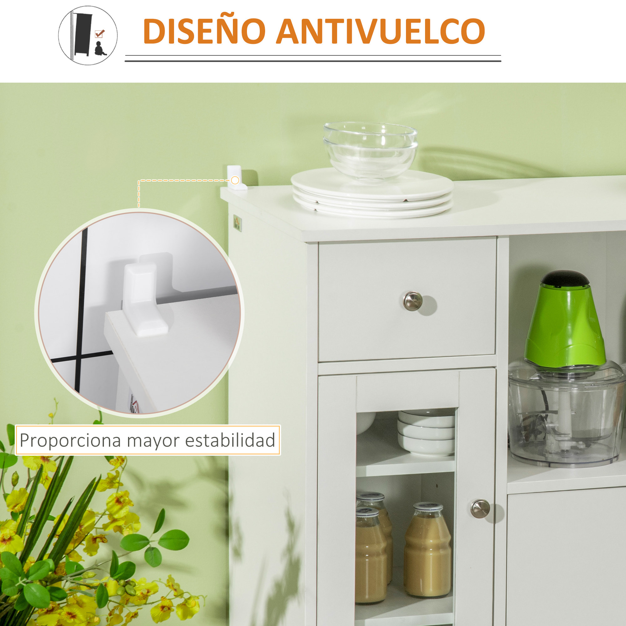 HOMCOM Aparador de Cocina Moderno con Puerta de Vidrio Cajón Estante Abierto y Baldas Ajustables Mueble Auxiliar de Almacenaje para Comedor Salón 80x30x82 cm Blanco