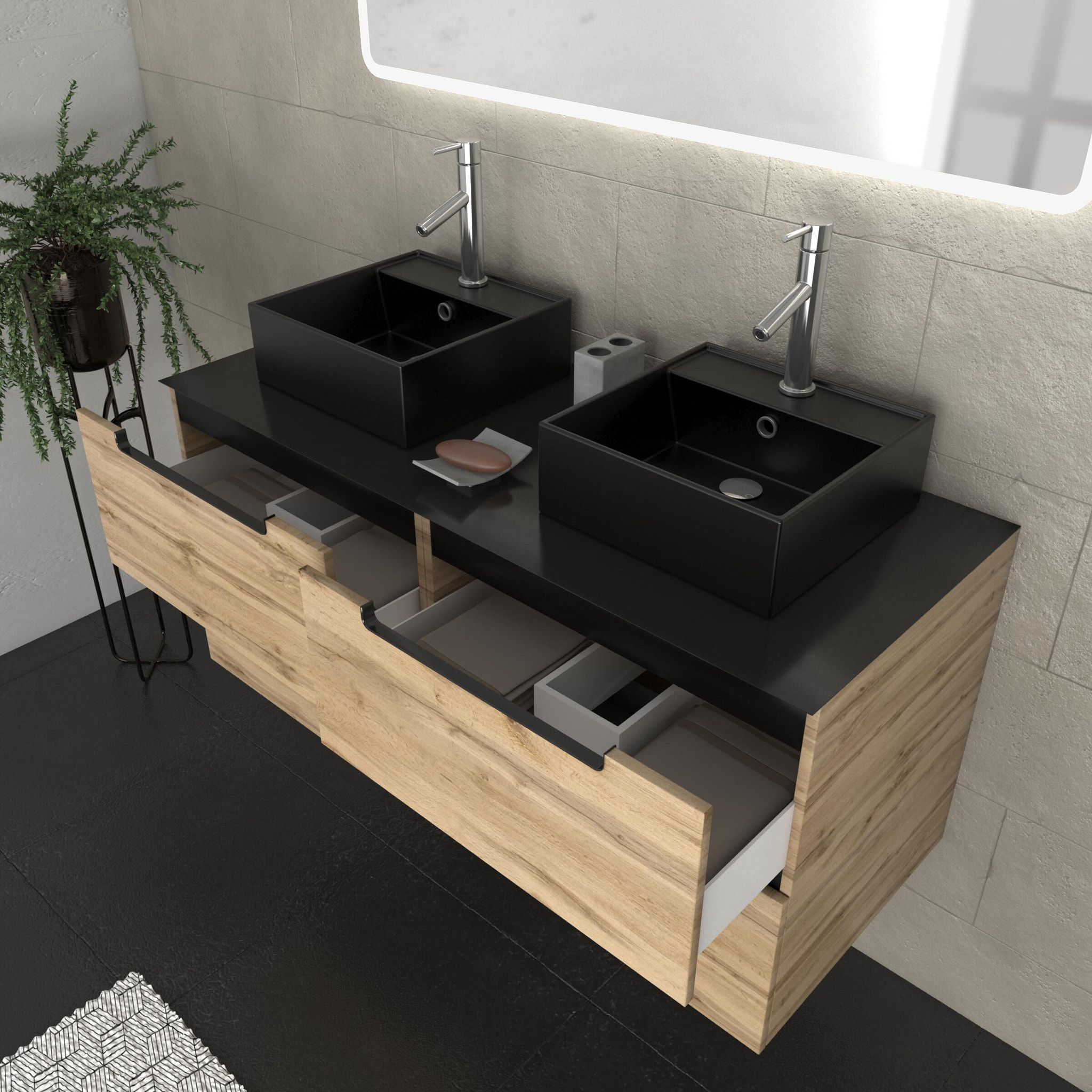 Meuble salle de bains 120cm Chêne et noir, Vasques carrées et Miroir Led 120x70 - OMEGA
