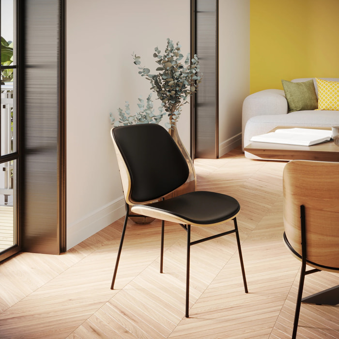 Chaise en bois foncé, PU noir et pieds en métal noir - Hector