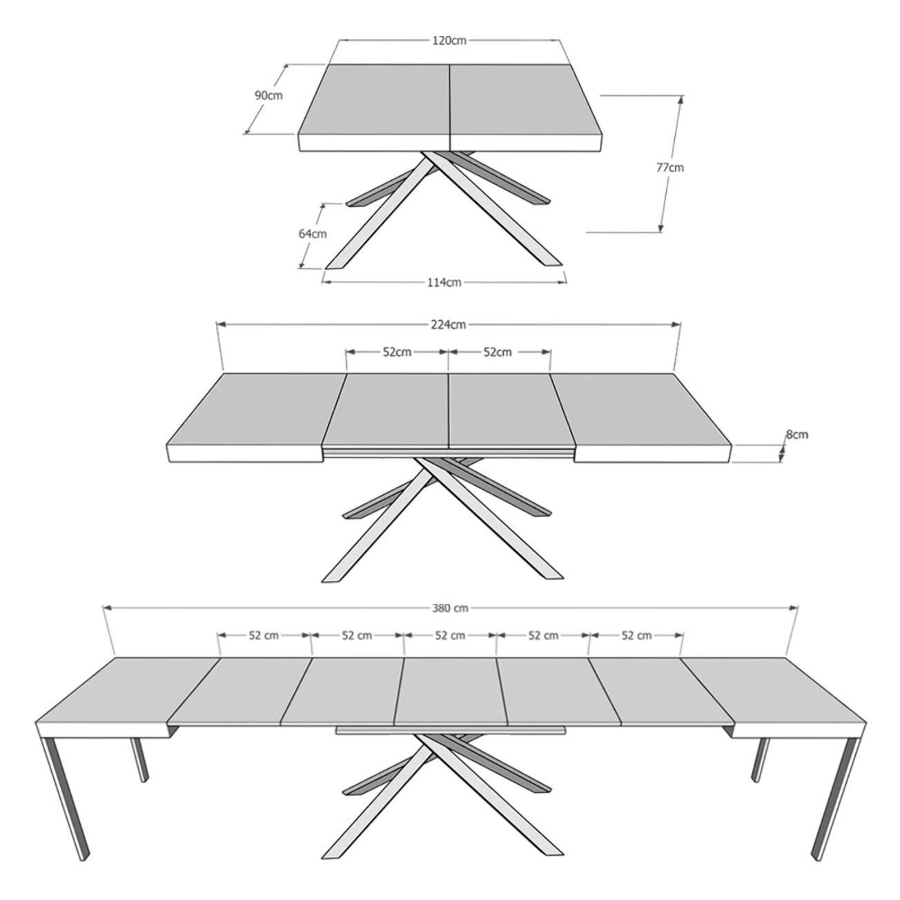 Mesa extensible 90x120/380 cm Karida Evolution fresno blanco estructura antracita