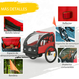 Remolque de Bicicleta para Niños +18 Meses Cochecito para Transporte de 2 Plazas con Cinturón de Seguridad Espacio de Almacenamiento y Sistema de Amortiguador 140x88x90 cm Rojo